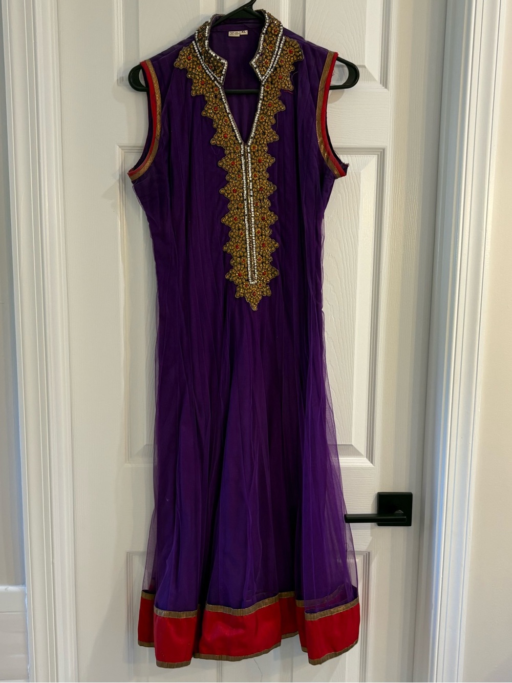 Purple Sleeveless Salwar with Gold Embroidery and Red Trim